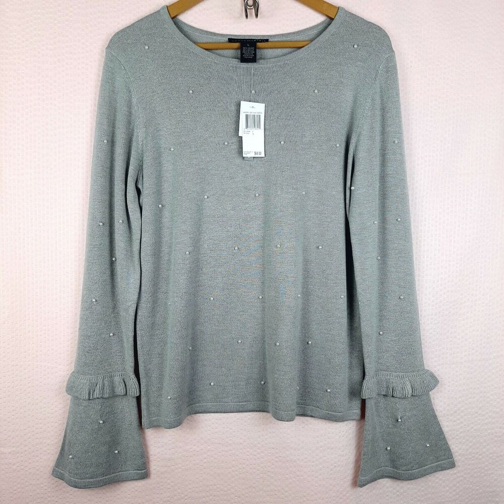 NEW Grace Elements Sweater Ruffle Long Sleeve Luxury Yarn White Beads Gray Sz L
